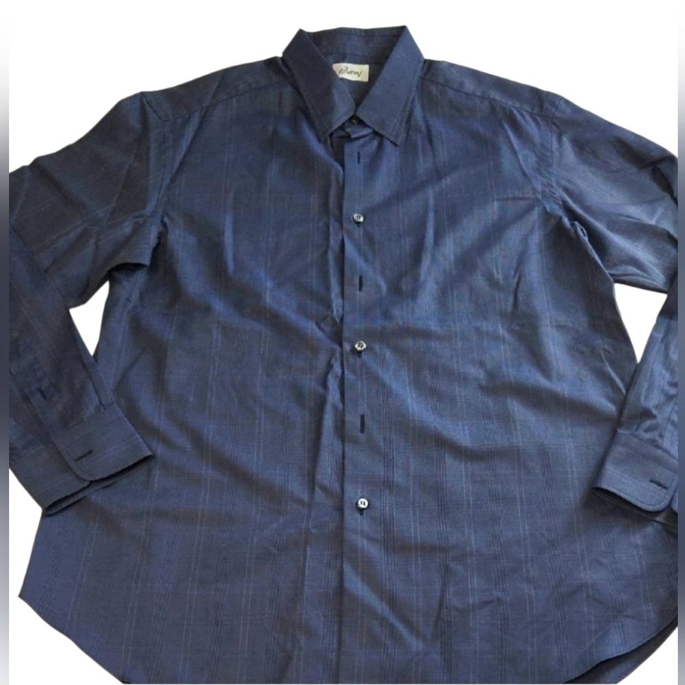 Brioni Navy Plaid Button Down Dress Shirt